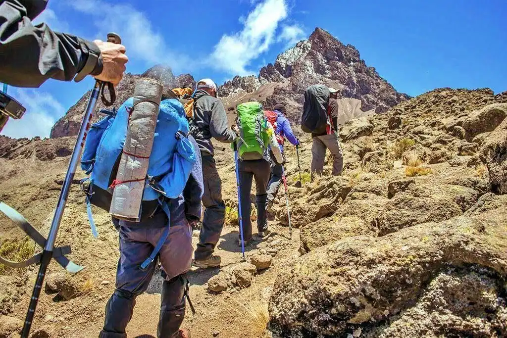 image of Trekkers acclimatising at a high-altitude camp on Mount Kenya